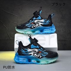 キッズ スニーカー 男の子 PU防水 ダイヤルロック 超軽量 通気性抜群 ランニングシューズ 合成革 メッシュアッパー ワンタッチ 着脱簡単 子供靴 運動靴 19.0cm-24.5cm ブラック