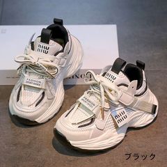 ジュニア スニーカー 女の子 ダッドシューズ 厚底 メッシュ 通気性 マジックテープ 軽量 ランニングシューズ 防滑 耐摩耗 通学 運動靴 18.0cm-23.5cm ブラック