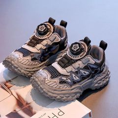 キッズ ダッドシューズ 男の子 ダイヤルロック 厚底 スニーカー 軽量 軟底 滑り止め 通気性 メッシュ ランニングシューズ ジュニア 通学 運動靴 秋 18.5cm-24.0cm ブラック