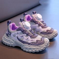 キッズ ダッドシューズ 男の子 ダイヤルロック 厚底 スニーカー 軽量 軟底 滑り止め 通気性 メッシュ ランニングシューズ ジュニア 通学 運動靴 秋 18.5cm-24.0cm パープル