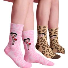 Betty Boop ベティちゃん 靴下 ２足セット ヒョウ柄 ピンク ブラウン ベティブープ ソックス ミドル丈ソックス レオパード柄 ファションアイテム 可愛い アメコミ キャラクター 레트로 ギフト プレゼント 海外製品