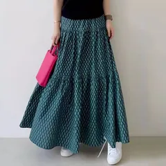 スカート ロング丈 ハイウエスト 菱形柄 配色切り替え 大裾 エスニック風 レトロ 春夏 レディース M250228-1337