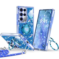 Rockaway 互換性 Galaxy S25 Ultra用 ケース SC-52F SCG32 ダブルリングハートスタンド ショルダー ストラップ付き キラキラ ラメ ラインストーン 耐衝撃 薄型 軽量 紐付き 肩掛け 斜めかけ かわいい 女の子向け ...