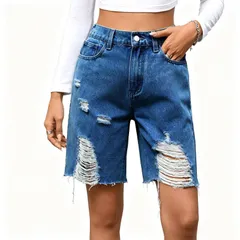 エリートスピリット レディース ボトムス ハーフパンツ・ショーツ ひざ丈 ショートパンツ デニム EliteSpirit Womens Mid Rise Distressedenim Bermuda