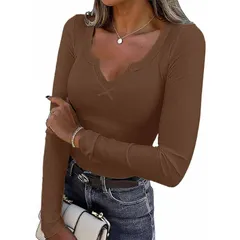 エコアー レディース トップス Tシャツ スリムフィット Vネック リブ Ekouaer Long Sleeve Shirts V Neck Basic Ribbed T Shirthermal Un