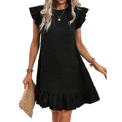 セオリア レディース トップス ワンピース フリル ミニ キャップ ニット Seoria Textu red Knit Shift Dress with Ruffled Cap Sleeves and