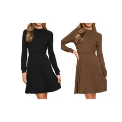 インスパイア シック レディース トップス ワンピース クルーネック リブ セーター ニット INSPIRE CHIC 2 Packs Long Sleeve Dress for Womens Cas