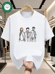 【送料無料】「3人のアイドル」Kポップ風線画イラストプリント Tシャツ - 綿素材丸首半袖、デイリーカジュアルや休日着に、シンプルでおしゃれなラインアートデザイン、ストリートコーデ、新品送料込 メンズ レディース、男女兼用