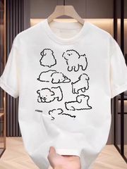 送料無料 新品 半袖 T シャツ くるくる犬ラフ線画プリント カジュアル 男女兼用 日常ウェア プレゼント