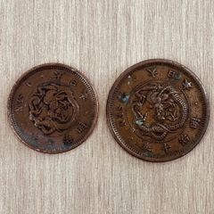 特年 明治6年】竜1銭銅貨／明治10年 角ウロコ 竜2銭銅貨 古銭 2枚