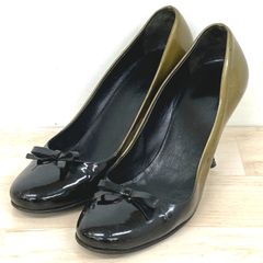 PRADA/プラダ パンプス 表記34(21cm相当) バイカラー カーキ×ブラック リボン エナメル/パテント レディース イタリア製[OG00282]