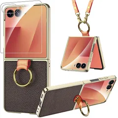【新品】 Miimall 対応 ギャラクシー Z フリップ7 ケース ストラップ リング ガラスフィルム レザー 薄型 軽量 防塵 耐衝撃 Galaxy Z Flip 7 スマホケース 女性向け キュート 滑り止め 軍規格 防塵 Z Flip 7 ケース Ca