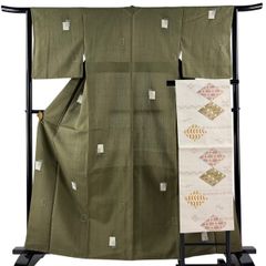美品】 小紋 身丈166.5cm 裄丈67.5cm L 袷 袋帯セット 紬地 草花 薄 