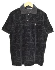 アベイシングエイプ A BATHING APE SOLID CAMO VELOUR POLO SHIRT ソリッド シャドーカモ 総柄 ベロア ポロシャツ ワンポイント M 半袖ポロシャツ ブラック Mサイズ 103MT-5208