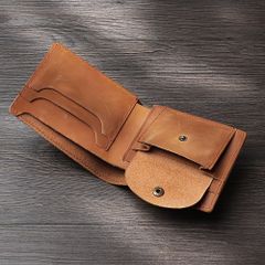 Crazy Horse Top Grain Leather Bi-fold Wallet for Men: Features include an ID card slot, coin pocket, and a compact design. Ideal for business, casual, and simple use. Suitable for cashless transactions.
