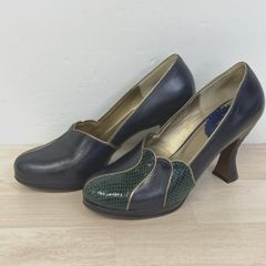 ANNA SUI/아나스이 레이디스 펌프스 23 cm네이비×그린 형 눌러 디자인 힐 U3691[OL01315]