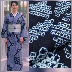 新品浴衣 新吸汗速乾繊維 【板締め絞り風 ブルー】大人の浴衣☆お単衣