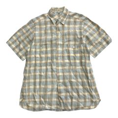 美品 Salvatore Ferragamo サルヴァトーレフェラガモ リネン 半袖 シャツ カットソー チェック ヴィンテージ 37 ベージュ 青 ブルー メンズ 古着 中古 USED