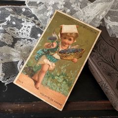 フランス アンティーク クロモカード クロモス ヴィオレット VIOLETTE DE PARME GUÉRIN-BOUTRON 子ども 花 パルマのスミレ すみれ 金彩 少女 女の子 広告カード ブロカント 蚤の市