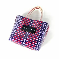 MARNI　MARKET　マルニマーケット　ピクニックバッグ　 カゴバッグ　トートバッグ　ハンドバッグ　編み込み　ロゴパッチ　チェック柄　レッド/パープル