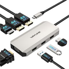 신품 WAVLINK USB C 도크 쿼드 모니터, 7-In-1 노트북 도트킹스테이션, 듀얼 4K DP, 4K HDMI, 1080P VGA, MacBook, Dell XPS, Lenovo Thinkpad, HP 노트북용 480Mbps