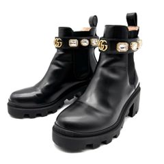 未使用保管品 グッチ GUCCI サイドゴアブーツ ショートブーツ ビジュー GG マーモント レザー ブラック 黒 35 1/2 22.5cm 靴 シューズ 残暑 敬老の日 シルバーウィーク 秋休み 行楽 ハロウィン 七五三 ギフト プレゼント