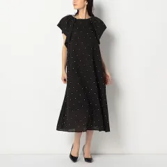 【美品】qout 刺繍ドットAラインフレアワンピース レディース Sサイズ ブラック 黒