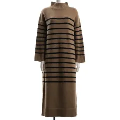 【美品】Bou Jeloud ボーダー柄ハイネックニットワンピース レディース Lサイズ ベージュ