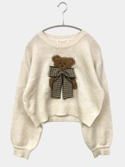 MAJESTIC LEGON マジェスティックレゴン ニット セーター M アイボリー 無地 ワンポイント 刺繍 リボン ショート丈 長袖 クルーネック 丸首 レディース
