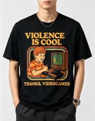 ブラック レトロ ビデオゲーム 英字 VIOLENCE IS COOL THANKS VIDEOGAMES プリント T シャツ 100% コットン 半袖 ラウンドネック ゆったりルーズシルエット 男女兼用 ゲーマー ユーモア デイリーカジュアル