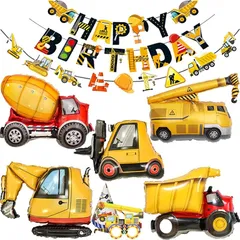 【新品】 Youchicnow 誕生日 飾り付け 大きな 3D建設車両 バルーンセット Happy Birthday Balloons Decorations 男の子 工事車 プレゼント ハッピーバースデー バナー付き 風船 クレーン ショベルカー ダンプ 1