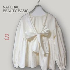 ◆ナチュラルビューティーベーシック【S】リボン ブラウス オフホワイト バルーンスリーブ ギャザー ポリエステル100% 中国製 レディース きれいめ