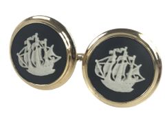 HD ウェッジウッド Wedgwood 帆船 カフス カフリンクス 陶器 ブラック×ゴールドカラー 배송비 무료