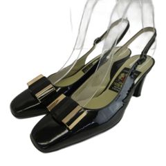 미하마 MIHAMA 샌들 에나멜 스퀘어 투 미들 힐 백 스트랩 리본 23.5cm 블랙 블랙 / XZ GY50