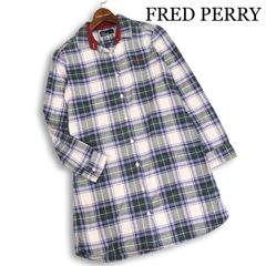 FRED PERRY フレッドペリー 秋冬 ロゴ刺繍 長袖 フランネル チェック シャツ ワンピース チュニック Sz.S レディース