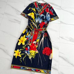 美品 LEONARD レオナール 花柄 ワンピース ベルト付 フラワートリム 