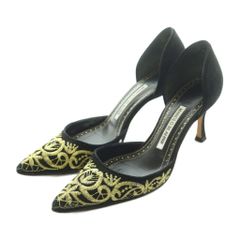 마노로 브라니쿠 MANOLO BLAHNIK 펌프스 포인티드 투 핀 힐 스웨이드 자수 37 24.0cm 블랙 골드 컬러 / MI ■ OS