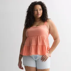 エスオー レディース トップス Tシャツ ティアード プラスサイズ フリル Juniors Plusize SO Tiered Ruffle Tank Top Boracay Peach ピーチ