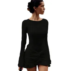 セオリア レディース トップス ワンピース プリーツ ミニ Seoria Womens Long Sleeve Pleated Mini Dress Bodycon Party Dress for A
