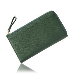 Dark green women's long wallet, genuine leather, thin, lightweight, compact, slim wallet, coin purse, card case, passbook holder, anti-skimming, suitable for overseas travel, can store passport.