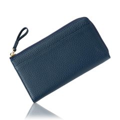 Navy Leather Long Wallet for Women: Thin, Lightweight, Compact, Slim Design with Coin Purse, Card Case, Passbook Holder, Anti-Skimming Protection, Suitable for International Travel and Passport Storage.