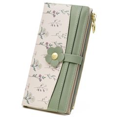 Green Long Wallet, Thin Leather, Anti-Skimming, Floral Print, Women's Wallet, Coin Purse, Casual Print Design, Bi-fold