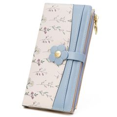 Blue Long Wallet, Thin Leather, Anti-Skimming, Floral Print, Women's Wallet, Coin Purse, Casual Print Design, Bi-fold