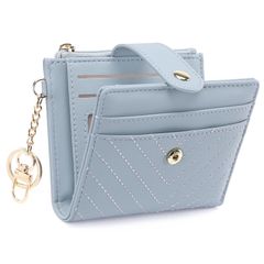 Blue Compact Leather Bi-fold Wallet for Women with Metal Keychain, Lightweight, Simple Design, Anti-Skimming, Coin Purse