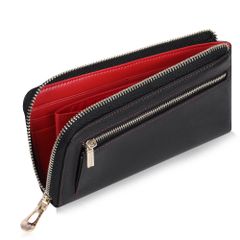 Black and Red Men's Genuine Leather Wallet, Ultra-Compact, L-Shaped Zipper, Long Wallet, Slim Design, Large Capacity, Coin Purse, Anti-Skimming, Driver's License Holder, Made by a Top-Class Leather Craftsman, Compact Type, Women's and Men's Wallet, Red