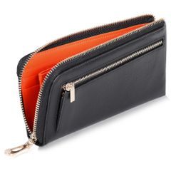 Black and Orange Long Wallet, Ultra-Compact Wallet, Genuine Leather, L-Shaped Zipper, Bill Compartment, Card Case, Coin Purse, Anti-Skimming, Driver's License Holder, Large Capacity, Made by a Top-Class Leather Craftsman, Women's and Men's Wallet, Orange