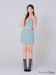 ブルー[OF08] [GL3589-BL-2501]【Glossy/グロッシー】バストリボン/ ストレッチ/ ワッフル/ セットアップ/ ミニドレス/ キャバドレス