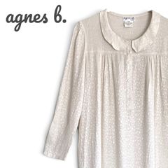 agnes b. レディース アイボリー 40 長方形ジャガード ブラウス 丸襟 花柄 ギャザー チュニック フランス製 アニエスベー 40サイズ L相当 白 オフホワイト 80s 90s フランス製 ヴィンテージ  1314KZ