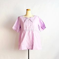Short-sleeved blouse, purple top with ribbon embellishment, size L, clove pink, women's, plain, simple, lightweight summer clothing.