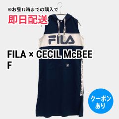 FILA × CECIL McBEE ワンピース F ネイビー コットン 前面プリント ブランドロゴ 袖なし ロング・マキシ丈 タイト レディース